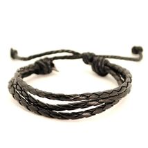 BLACK FAUX LEATHER BRACELET Braided Triple Cord Adjustable Surfer Hemp M... - $2.95