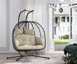 Double Wicker Swing Egg Chair Hammock Foldable Hanging Loveseat 700LBS Capacity - £262.35 GBP