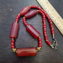 Vintage Himalayan Huge Tube Red Agate and red white heart Beads Necklace - $58.06