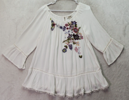 Vintage America Blouse Women Large White Embroidered Floral Lace Trim Round Neck - £18.49 GBP