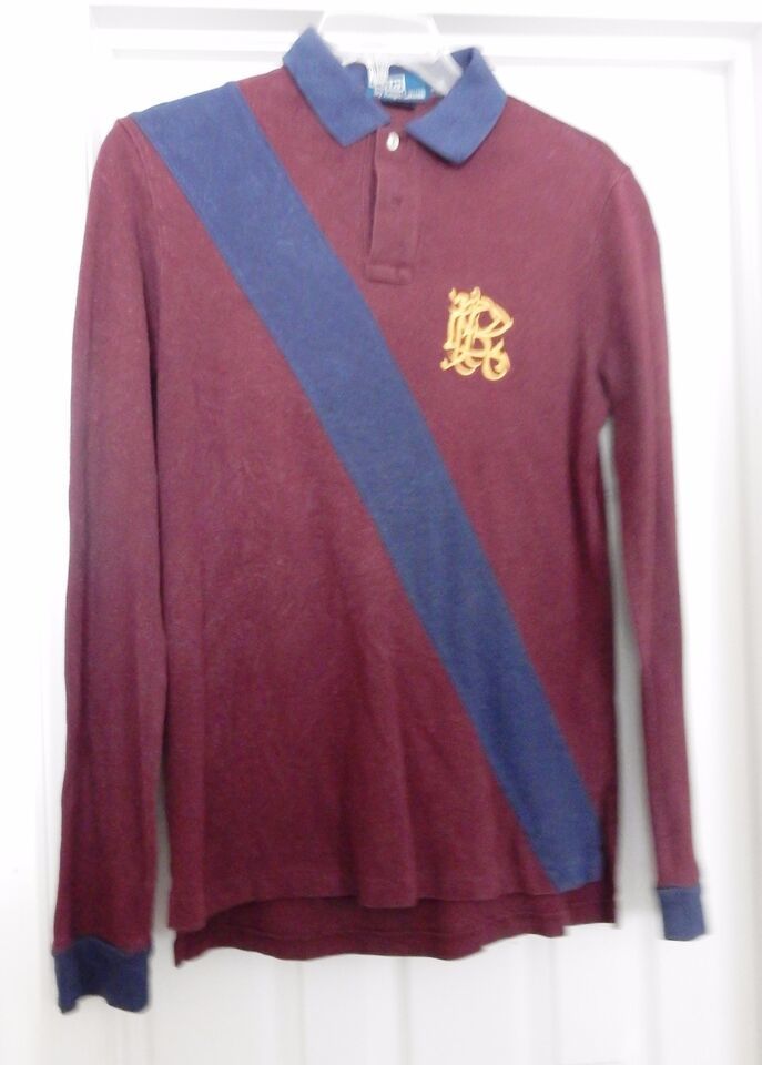 Primary image for Polo Ralph Lauren Knit Shirt Rugby L/S RARE PRL Logo Custom Fit Wine Blue M VTG