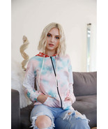 Women&#39;s Feather &amp; Tie-dye Print Contrast Plaid Hood Sweater - €14,05 EUR