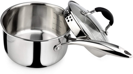 Tri-Ply Stainless Steel Saucepan with Glass Strainer Lid, Two Side Spo - £98.45 GBP