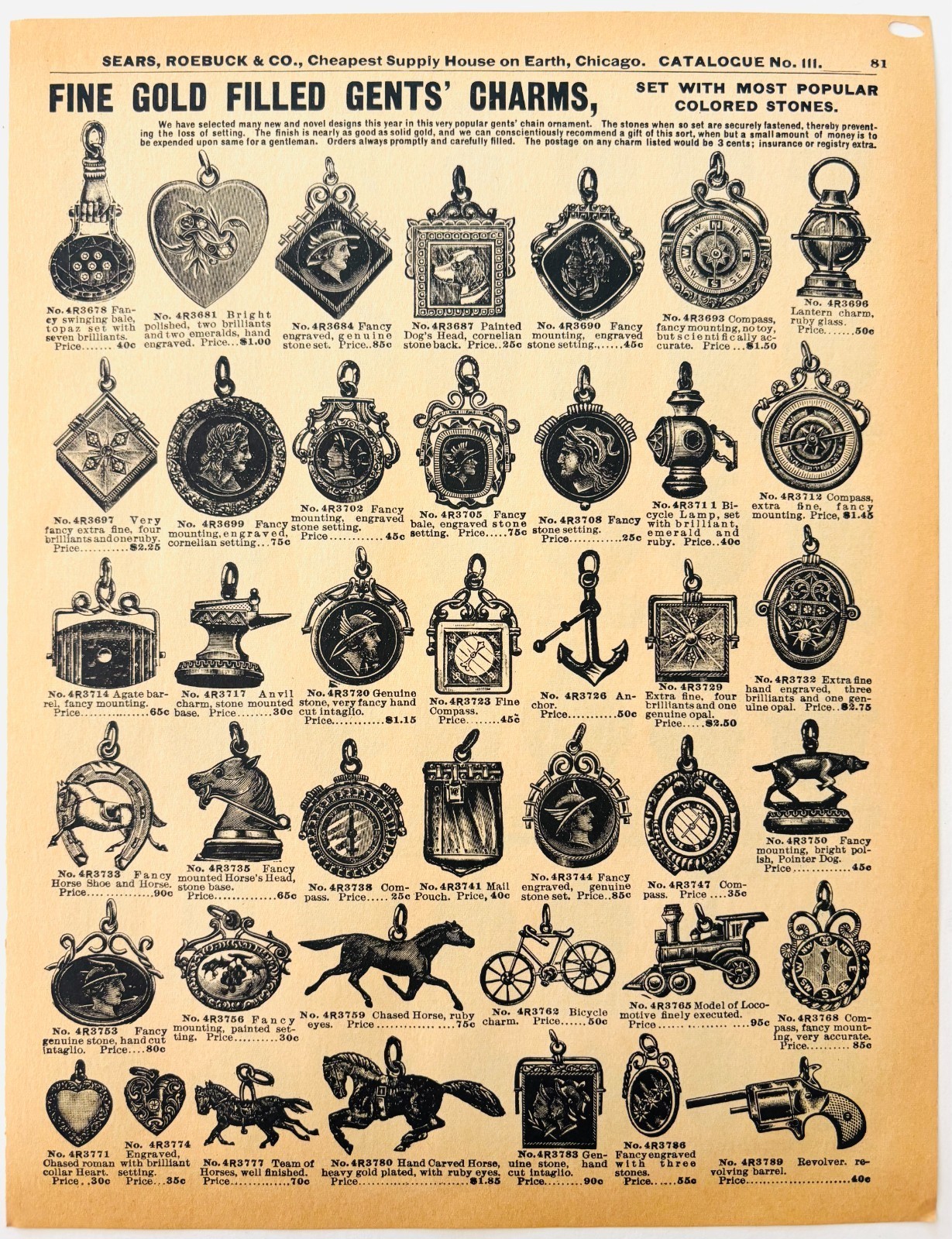 1969 Gold Filled Gents Charms 1901 Repro Advertisement Sears Jewelry DWU16J Item image 2