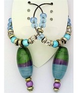 Blue Green Art Glass Bead Hoop Earrings - $23.62