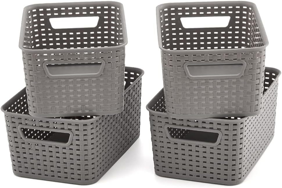 Small Gray Plastic Woven Knit Baskets, 4 Pack, 11 X 7 Point 3 X 5, By Ezoware. - $31.93