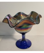 Fenton Blue Peacock At the Urn Carnival Glass Ruffle Top Compote - $35.00