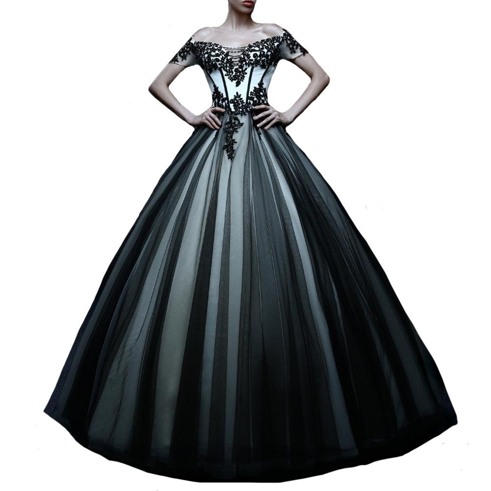 Kivary Off Shoulder White and Black Tulle Gothic Lace Vintage Prom Dresses Weddi