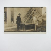 Real Photo Postcard RPPC Two Men in Hats Work On Wood Crate Box Antique 1920s - £15.65 GBP