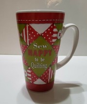 Sew Happy to be Quilting Tall Coffee Tea Mug Cup Patchwork Button 6&#39;&#39;  - $15.79