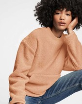 New Gap Women Cocoa Brown Long Sleeve Pocket Crew Neck Teddy Sherpa Sweatshirt L - £31.64 GBP