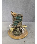 Handcrafted Frog Mushrooms and Tree Stump Glazed Pottery Sculpture - $39.98