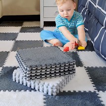 12Pcs Plush Puzzle Foam Floor Mat For Kids- Thick, 11.8 Inch, White &amp; Grey - £35.96 GBP