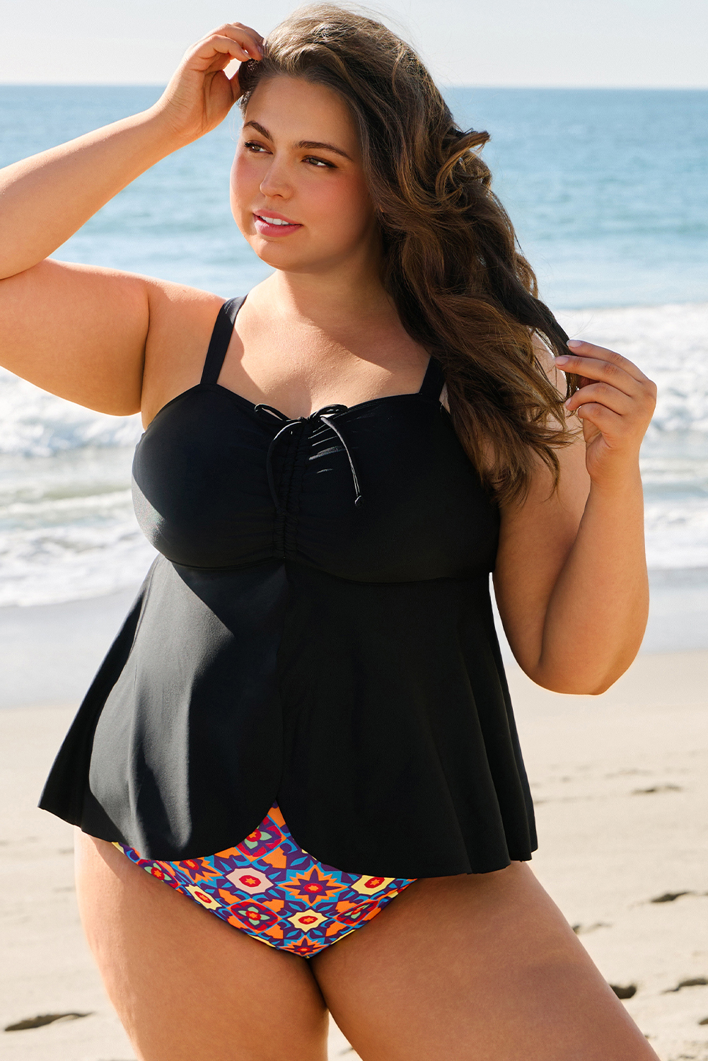 Black Drawstring Tied Front Flared Top Geometric Print Bottom Plus Size Tankinis Item image 4