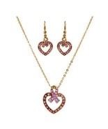 CZ Bling Pink Ribbon Fight Cancer Awareness Goldtone Necklace &amp; Earrings... - £7.89 GBP