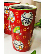 Ebros Red Maneki Neko Lucky Cat Ceramic Travel Mug Cup 14oz With Lid Hot... - £16.72 GBP