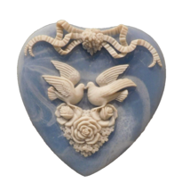 INCOLAY Blue Stone Heart Shape Hinged Jewelry Box Vintage Doves Roses Love EX - £39.01 GBP