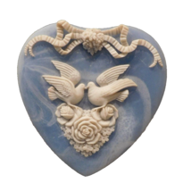 INCOLAY Blue Stone Heart Shape Hinged Jewelry Box Vintage Doves Roses Love EX - £37.35 GBP