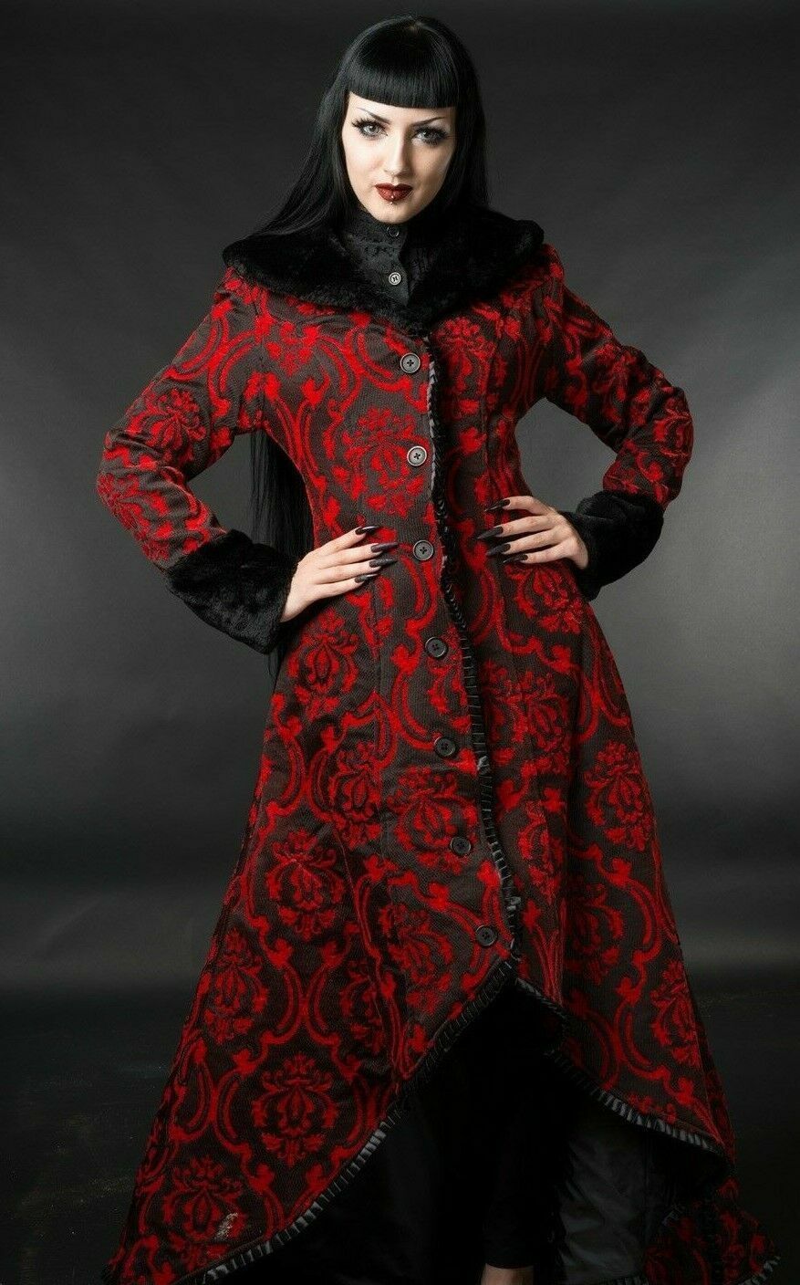 Primary image for Women's Red Black Brocade Gothic Victorian Fall Winter Long Steampunk Coat