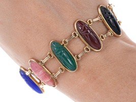 Vintage Egyptian Revival Gold Filled Scarab Bracelet with Semiprecious stones w - $218.30