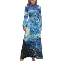 Woman Van Gogh Starry Night Long Sleeve High Neck Long Dress (Size XS to... - $36.00