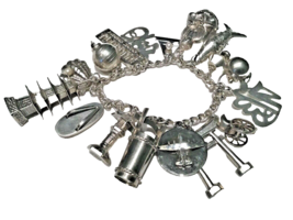 Sterling Silver Charm Bracelet Japanese Theme 17 Charms Large Heavy Bracelet - £205.25 GBP