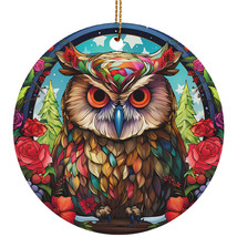 Cute Owl Bird Art Stained Glass Flower Wreath Christmas Ornament Gift Decor - £11.86 GBP