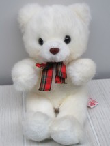 Russ Berrie Huggums small plush white teddy bear red green plaid bow vin... - £15.53 GBP