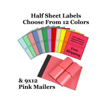 9x12 ( Pink ) Poly Mailers + Colored Half Sheet Self Adhesive Shipping Labels Fr - £1.59 GBP