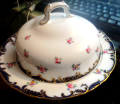 Vtg Wedgwood early 1900s Dome lid Cheese Tray Butter Dish Flowers Cobalt... - £59.50 GBP