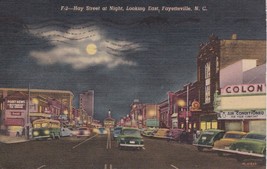 Hay Street Fayetteville NC at Night Vintage Cars Linen Postcard Posted 1953 - £7.75 GBP