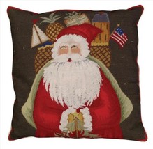 Throw Pillow Petit Point Santa With Gifts Center 18x18 Coffee Brown Wool Cotton - £232.43 GBP