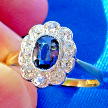 Earth mined Sapphire Diamond Deco Engagement Ring Antique Diana Style Solitaire - $4,211.12 CAD