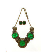NEW Women Bib Costume Necklace &amp; Earrings Chunky Rectangle Green Resin S... - £31.69 GBP