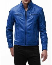 Men&#39;s Leather Jacket Blue Biker Men Moto Leather Jacket Size S M L XL 2XL 3XL - £98.90 GBP+