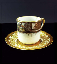 Early 1900s Moriage Tea Cup &amp; Saucer Set Countryside Scenery w/ River on Gold Cl - £48.12 GBP