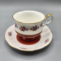 Staffordshire Footed Teacup &amp; Saucer Floral Rust Red Fine Bone China Eng... - £14.95 GBP