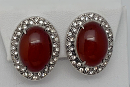 Vintage .925 Sterling Amber Stone CARNELIAN Clip Earrings 1 x 3/4&quot; - £24.18 GBP