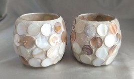 Set (2) Sand &amp; Shell Covered Round Tea Light/Votive Candle Holders - £9.34 GBP