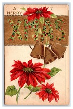 Large Letter Merry XMas Christmas Poinsettias Bells Gilt Embossed DB Postcard Y9 - $5.89