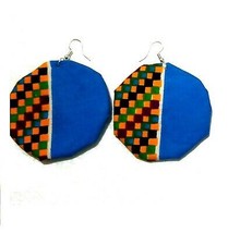Blue African Print Ankara Kente Prints Hook Earrings - 2.5&quot; inch (50mm) . - £5.53 GBP