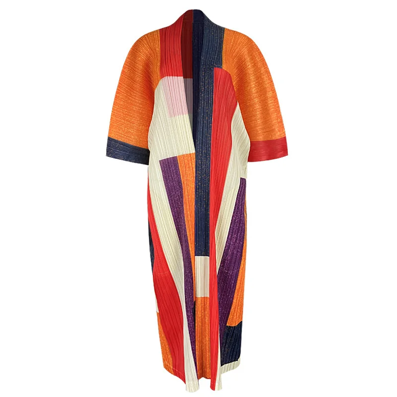 Woman Pleated Coat Orange Color-block Mid Sleeve Cardigan V Collar Casual Style  - £236.95 GBP