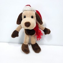 Christmas Puppy Dog Poseable Stuffed Animal  Plush Brown Santa Hat Scarf 9&quot; - £15.54 GBP