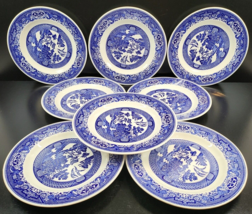 8 Royal Chna Blue Willow Luncheon Plates Set Vintage Birds Pagodas Asian USA Lot - £85.08 GBP