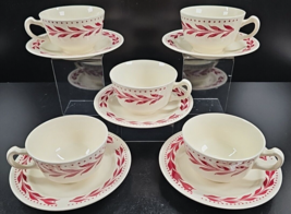 5 Homer Laughlin Hemlock Red Cup Saucer Set Vintage Brittany Piccadilly ... - $46.40