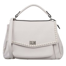 Maury Italian Made Stone Beige Leather Satchel Handbag Purse with Pearl ... - $322.99