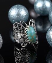 Sterling Silver Filigree Copper Turquoise Gemstone Butterfly Women Cocktail Ring - £37.79 GBP