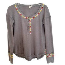 We The Free Grey Thermal Henley Rainbow Embroidered Contrast Trim Long S... - £27.46 GBP