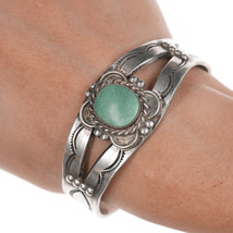 6.5&quot; 40&#39;s-50&#39;s Navajo silver turquoise hand stamped cuff bracelet - $415.80