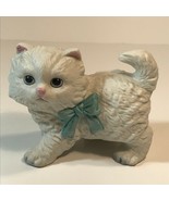 Vintage Homco Cute White Cat w/ Blue Ribbon Chalkware 3.5&quot; L x 3&quot; H - £7.43 GBP